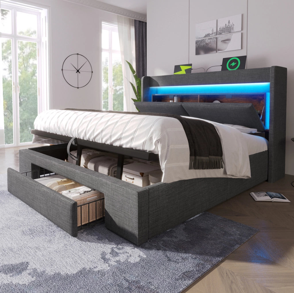 Letto imbottito 140x200 cm con contenitore idraulico; LED; USB e Type-C; grigio