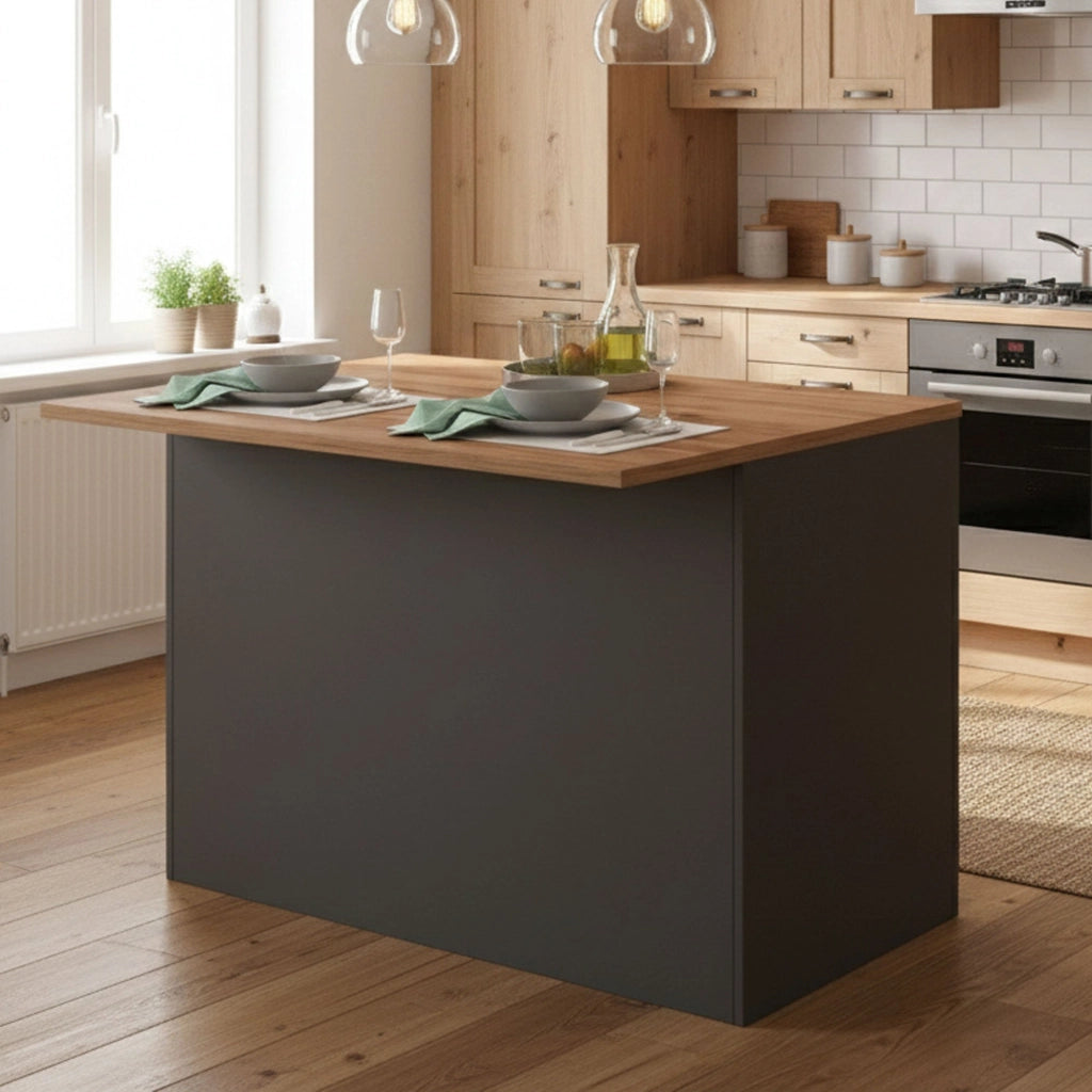 Isola da cucina Analiza, Tavolo ausiliario portaoggetti, Mobile da cucina a 2 ante, 100% Made in Italy, 125x90h90 cm, Antracite e Rovere
