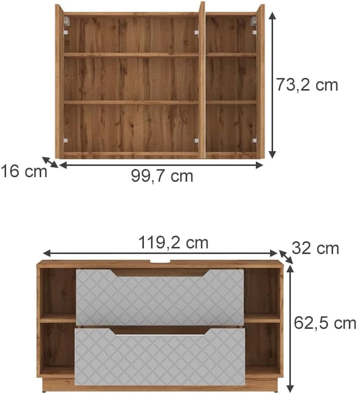 Set di mobili da bagno Lotta, Rovere/grigio con struttura in piastrelle, 2 parti