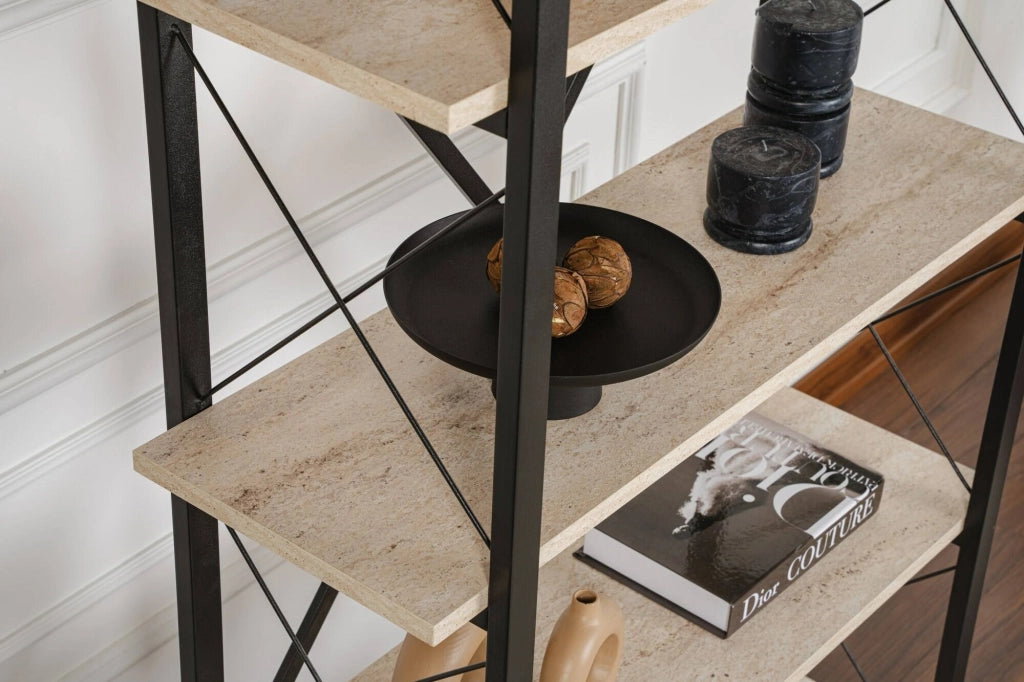 Libreria Suriel, Scaffale da ufficio, Mobile portalibri, Biblioteca, 90x34 h180 cm, Beige e Nero