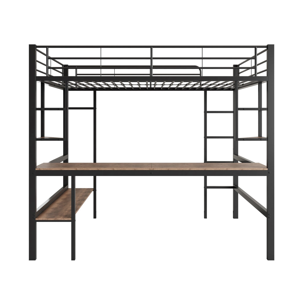 OKWISH Letto a Soppalco 90×200 cm, Letto Singolo con Scrivania, 5 Mensole e Libreria, senza Materasso, in Metallo, Nero
