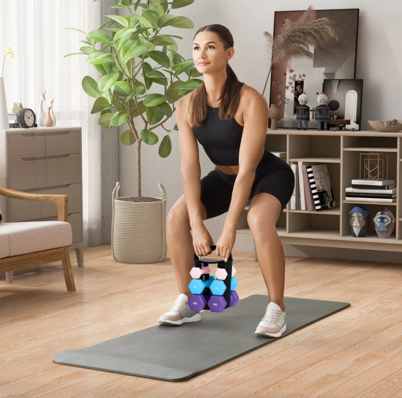 Set manubri ULEVR 6 pezzi da 1, 3 e 5 kg con supporto trasformabile in kettlebell, multicolore