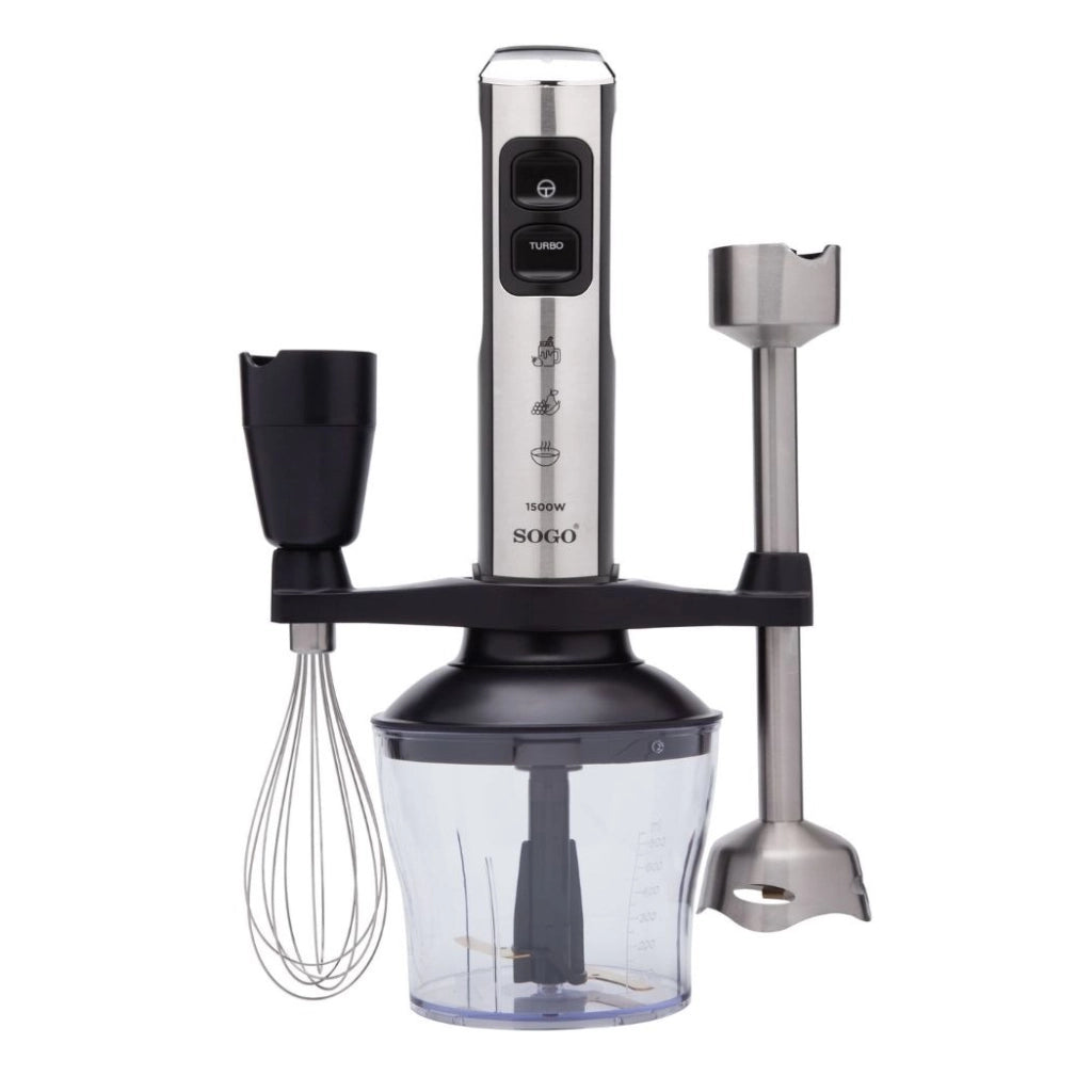 Frullatore a immersione 1500W con tritatutto 650ml, 23 velocità e lame titanio con accessori completi - Sogo