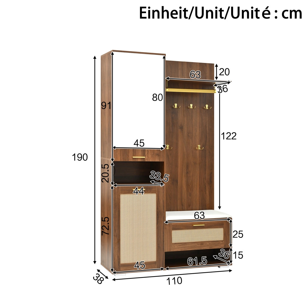 Mobile d'Ingresso con 3 Ante; Specchio; Panca e LED 16 Colori; Stile Moderno; in MDF; Noce/Bianco; 110??38??190 cm