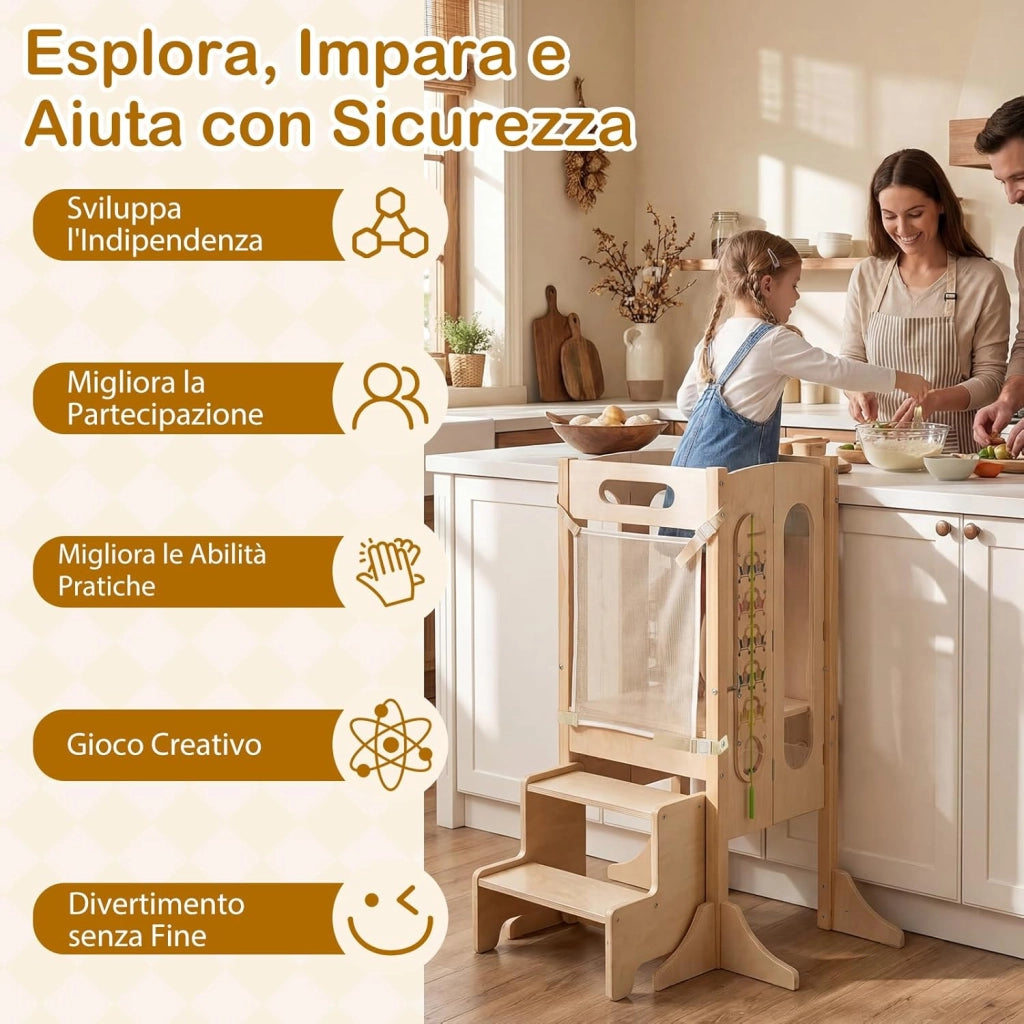 Torre Montessoriana Pieghevole per Bambini, Sgabello da Cucina in Legno con 2 Scalini e Rete Sicurezza, Torre di Apprendimento Montessoriana con Lavagna e Giochi Sensoriali per Bambini 3+ Anni
