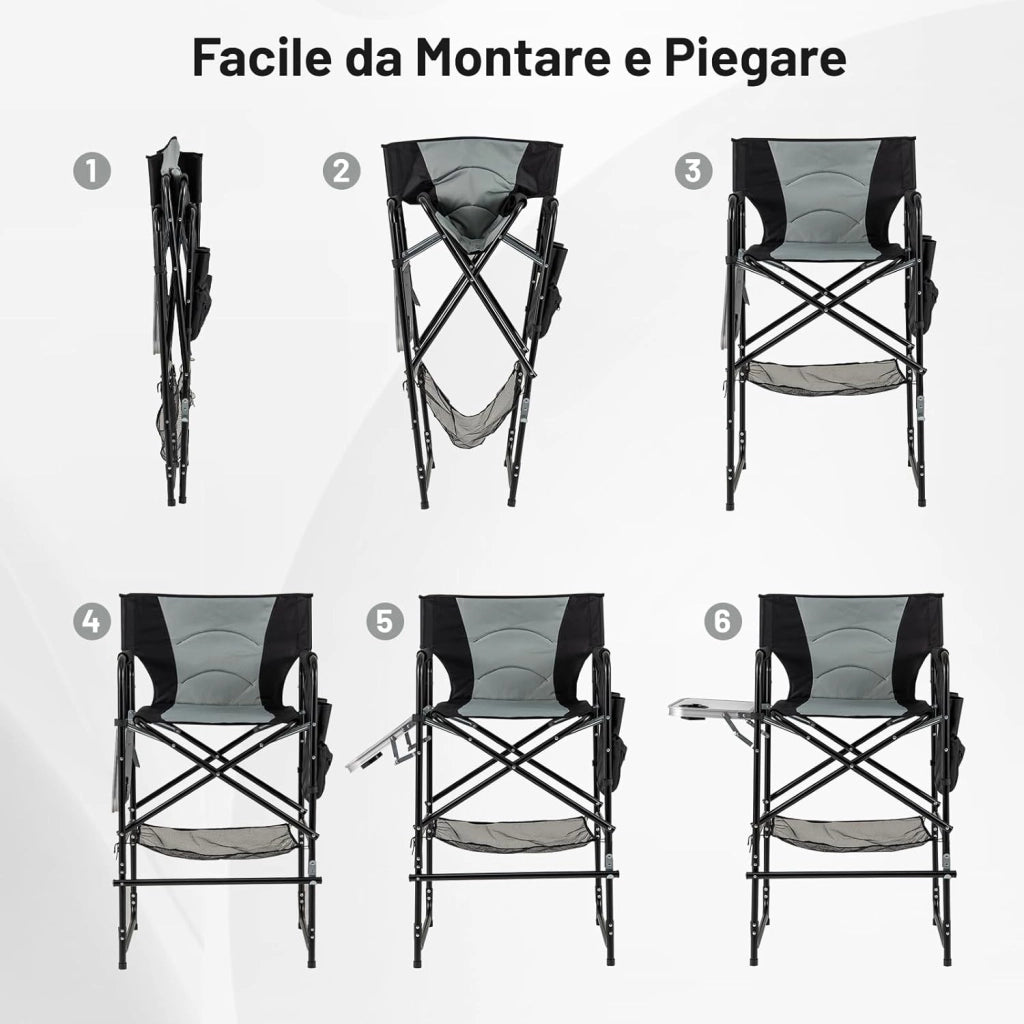 Sedia da Direttore Alta 116,5 cm, Sedia Campeggio Pieghevole per Truccatori con Tavolo Laterale Pieghevole & Poggiapiedi, Borsa in Rete e Tasca di Stoccaggio, Portata 150 kg