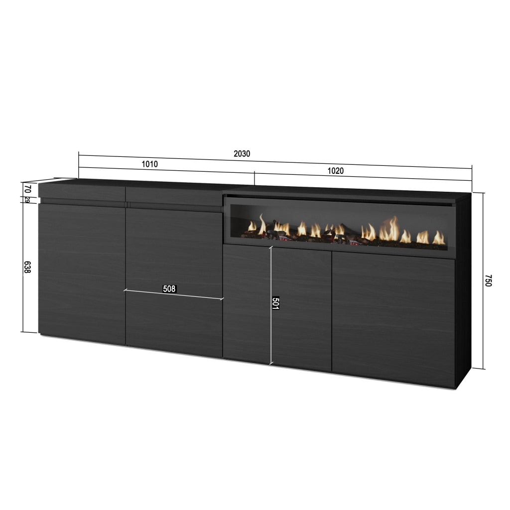 Credenza, Mobile, 200x35x75cm, 4 Porte, Camino elettrico, Nero RF2389