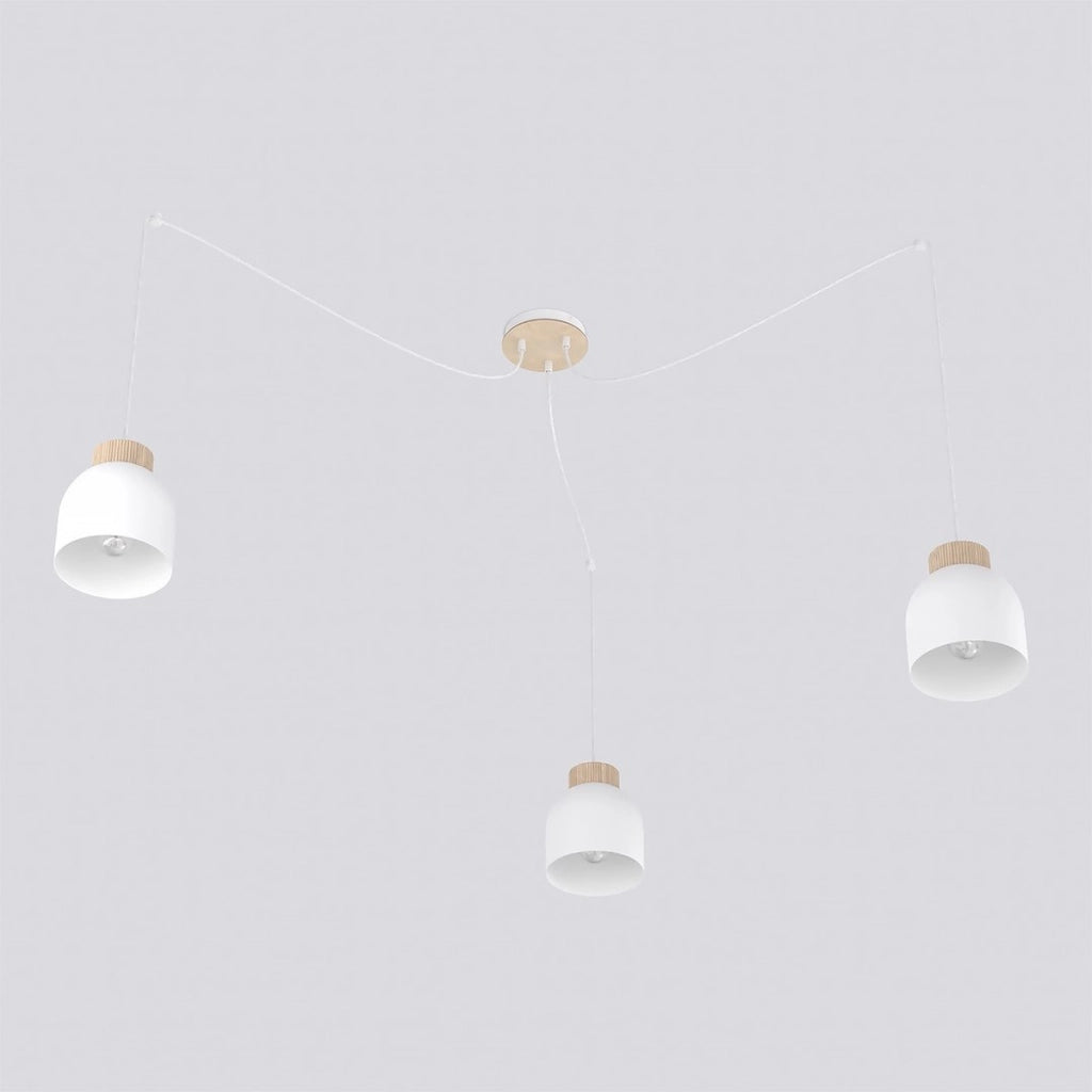 Lampada a sospensione KRU a tre luci in metallo bianco e legno