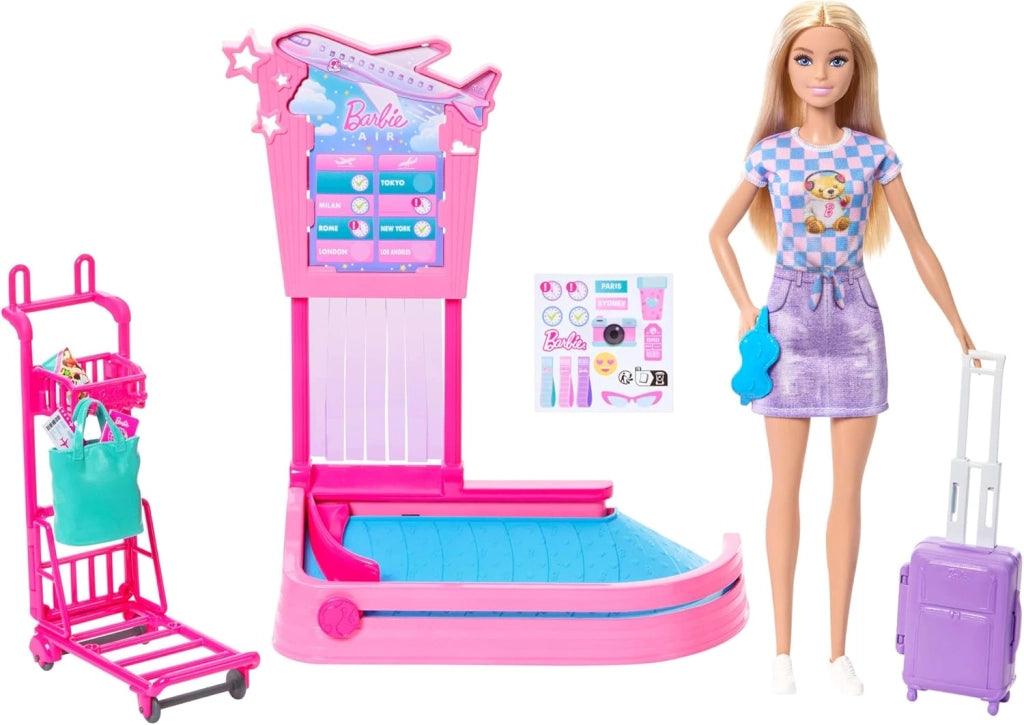 Barbie - Ritiro Bagagli, set con bambola bionda Malibu Avventure Senza Limiti e area ritiro bagagli in aeroporto con acc