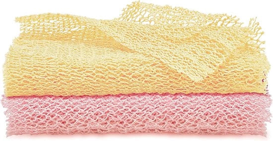 Due pezzi di spugna esfoliante a rete africana per il corpo, asciugamano per doccia, spazzola per schiena e corpo per uso domestico (arancia rosa, morbido)