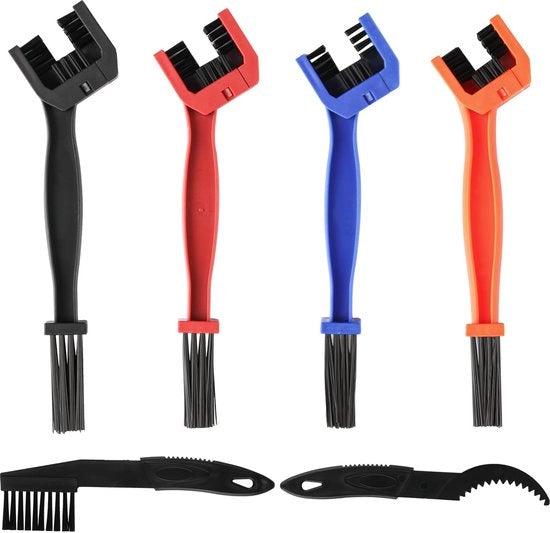 Set di 6 spazzole di pulizia per catene di motocicletta: 4 spazzole di pulizia per catene di motocicletta, 1 set di pulizia per motociclette e 1 raschiatore per catene, per MTB, motocicletta e mountain bike.