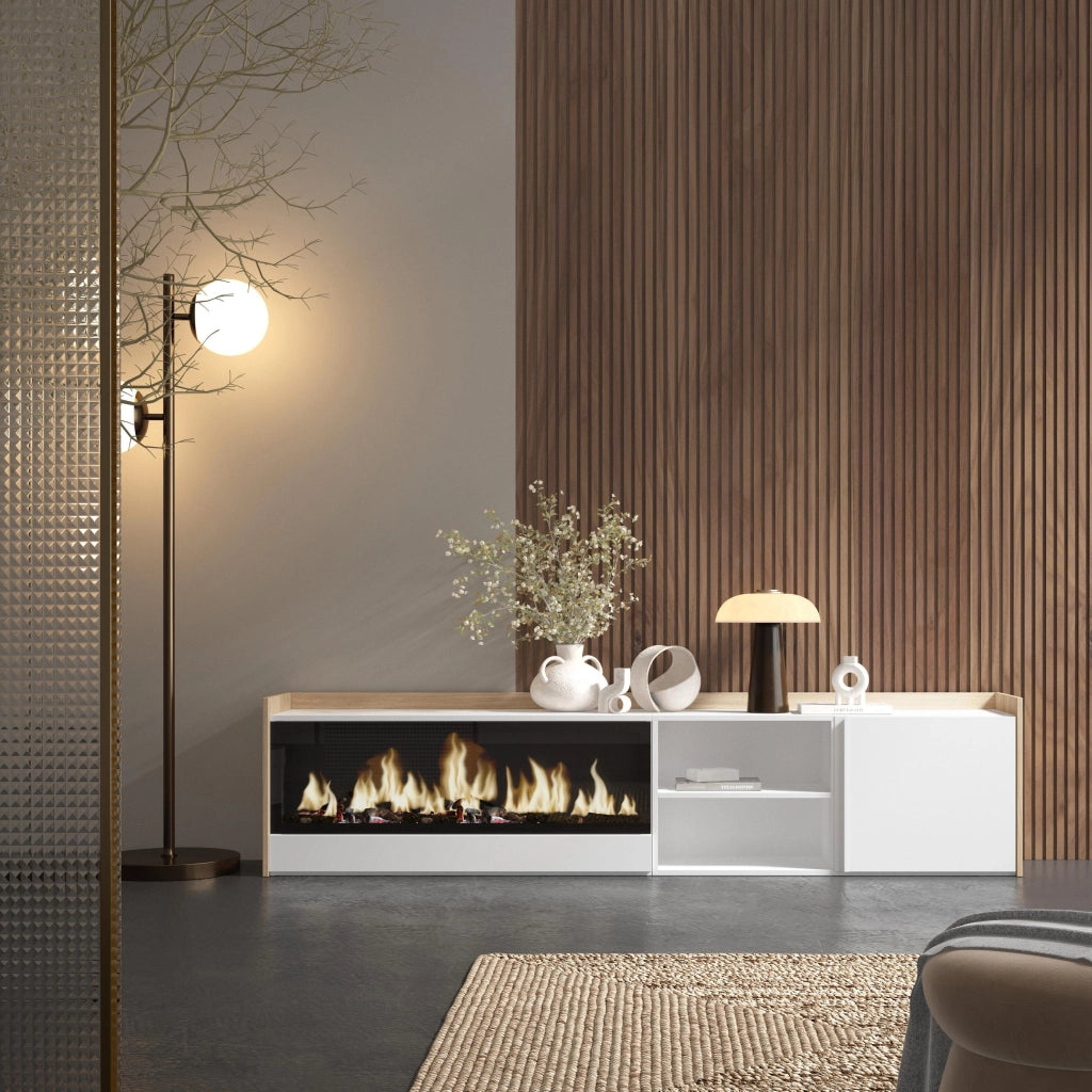 Mobile TV Soggiorno, 212x50x35 cm, Per TV fino a 80", Camino elettrico XXL, Bianco e Rovere soft