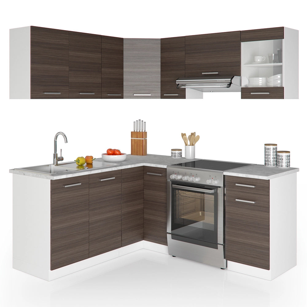 Cucina ad angolo Rick Grigio nobile/Bianco 187 x 167 cm, PL Marmo con striscia LED Vicco