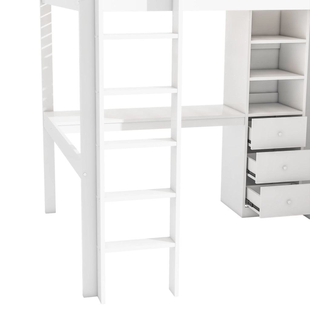 Letto a castello bianco con scrivania armadio e 3 cassetti in pino 140x200 cm