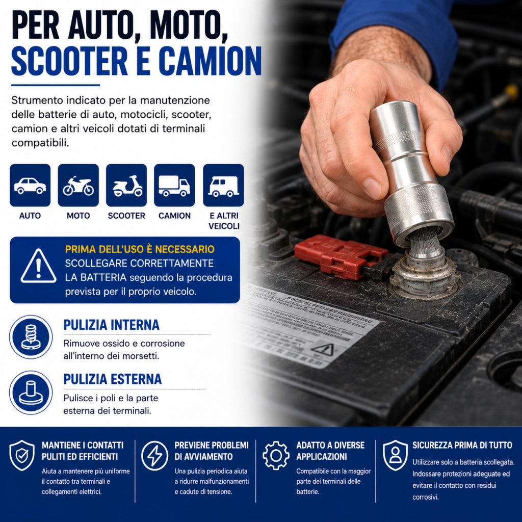 Spazzola Poli Batteria Auto Pulitore Morsetti Acciaio FS-22011