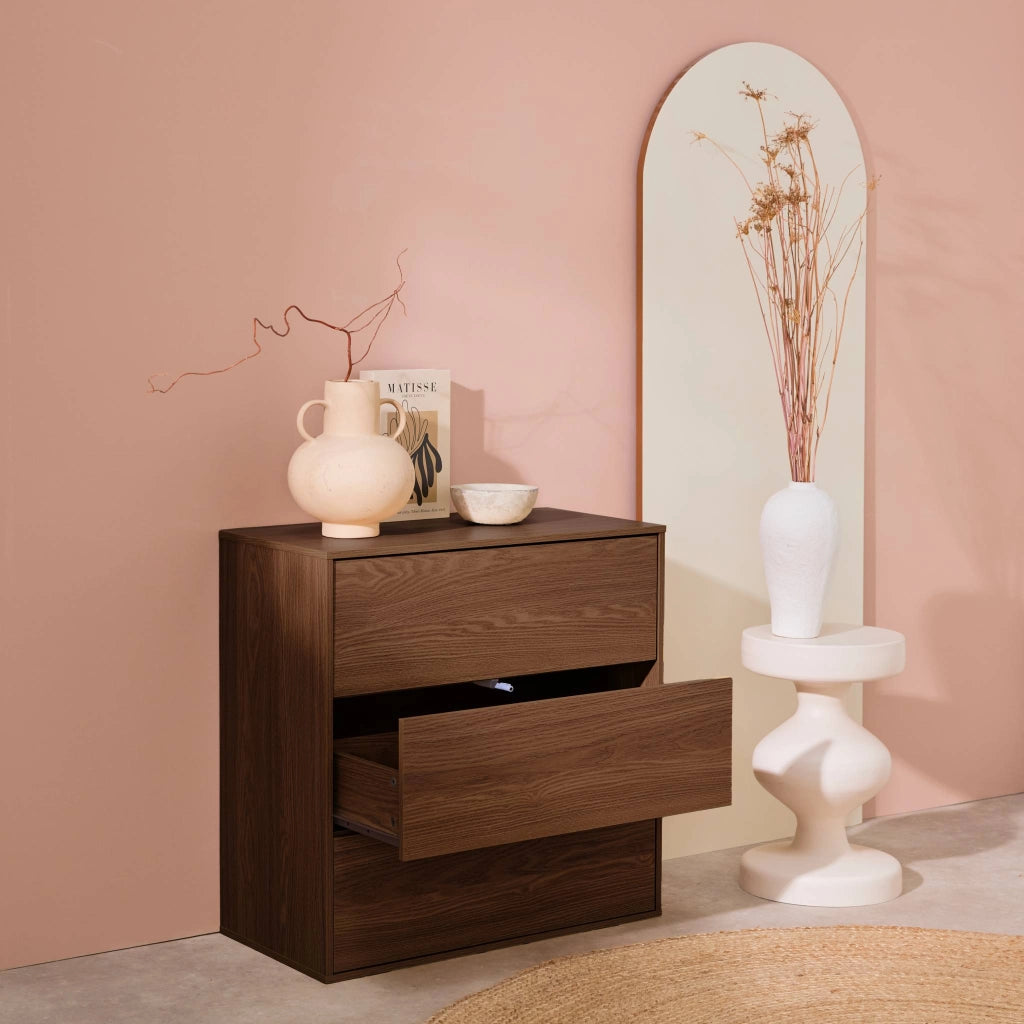 Modulo di stoccaggio decorativo in legno 3 cassetti, noce