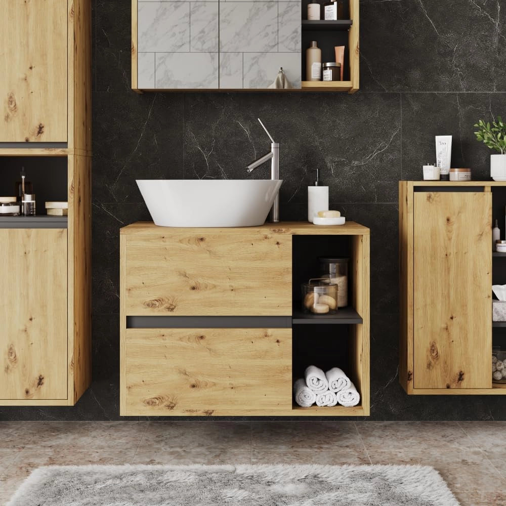 Mobile sottolavabo per bagno Viola, Artigiano/grigio, 80 x 60 cm con 2 cassetti