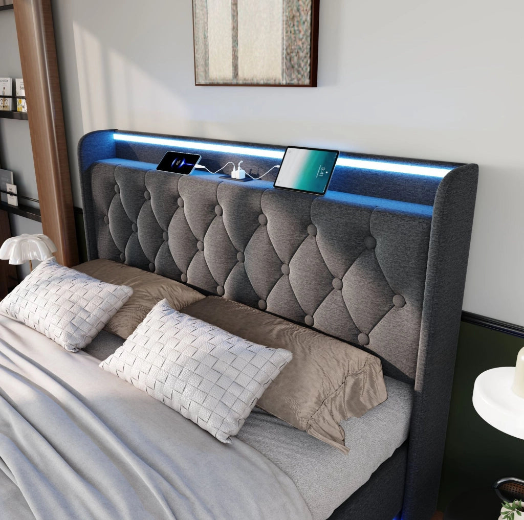 Letto matrimoniale imbottito 140x190 cm in lino grigio con LED 360掳; USB e contenitore idraulico