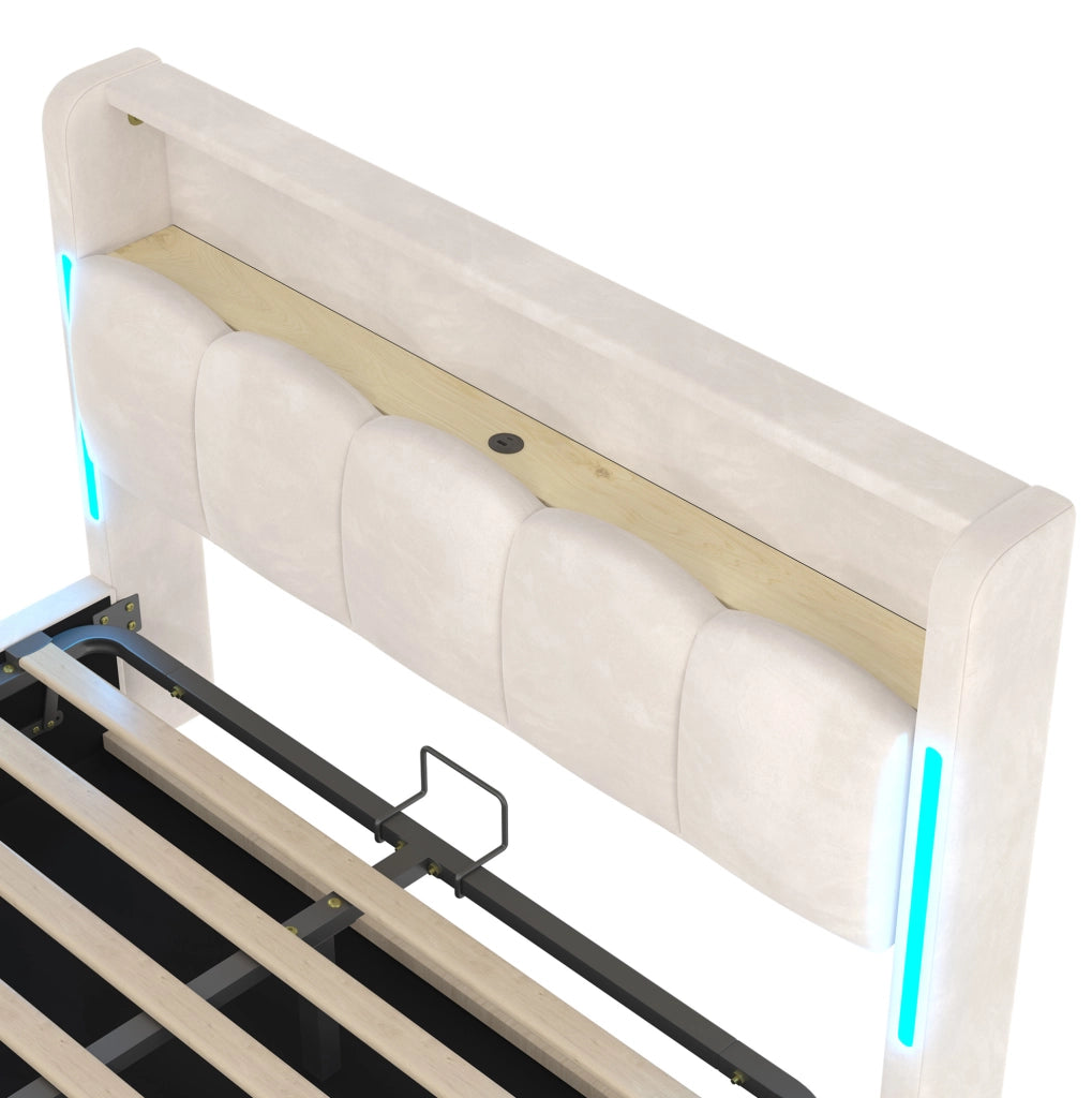 Letto matrimoniale imbottito 140x200 cm in velluto beige con LED; contenitore e porte USB Type-C