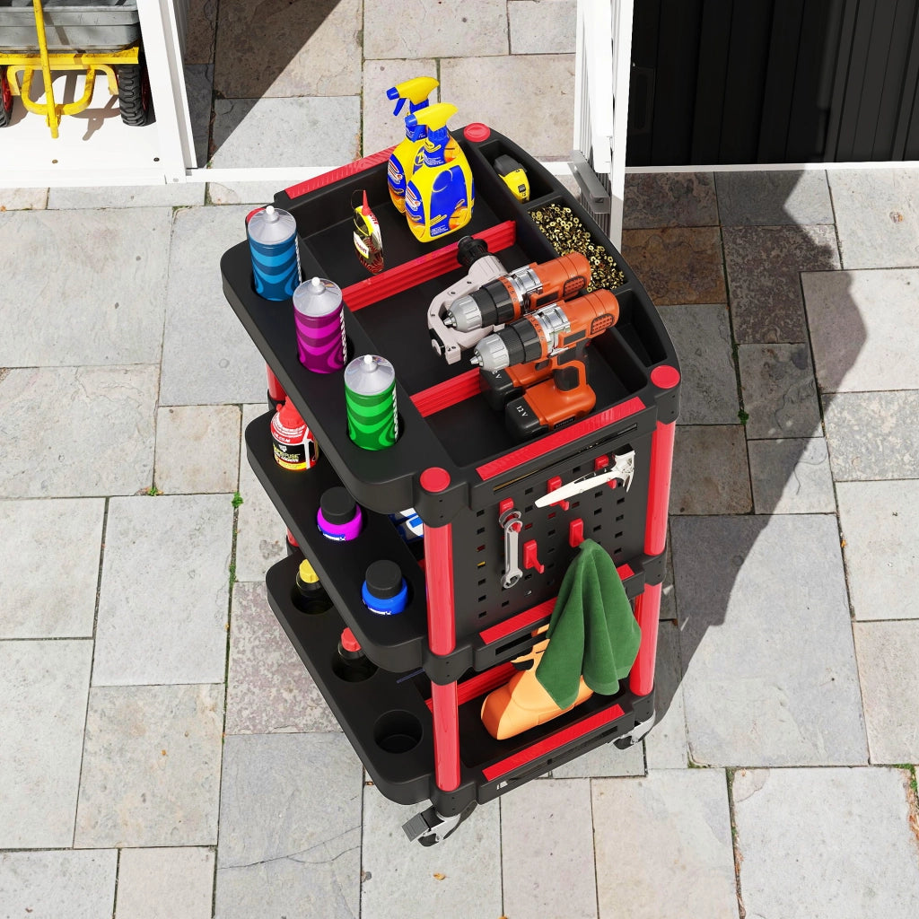 Carrello Porta Attrezzi a 3 Livelli 56,5x47,5x89 cm con Pannello Forato Laterale in Plastica Nero e Rosso