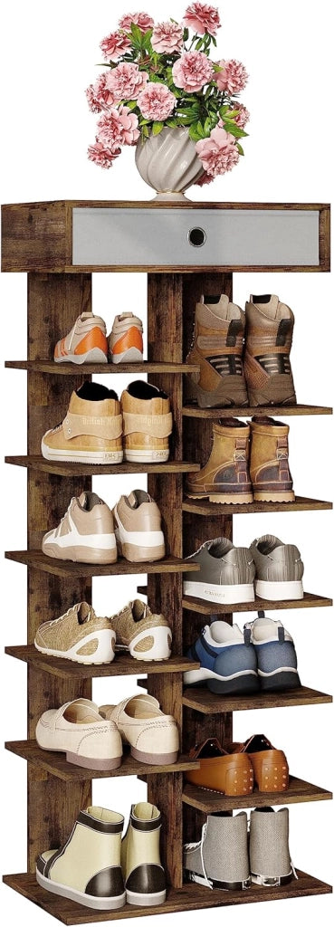 Scarpiera con cassetto, effetto legno, scarpiera con 12 ripiani, organizer per scarpe, per ingresso, corridoio, soggiorno, 49,5 x 118 x 30 cm