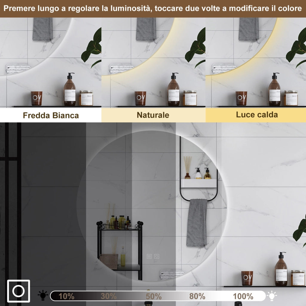 AICA Specchio da bagno 70 x 70 cm, 3 colori, antiappannamento, dimmerabile, interruttore touch, Funzione Memoria