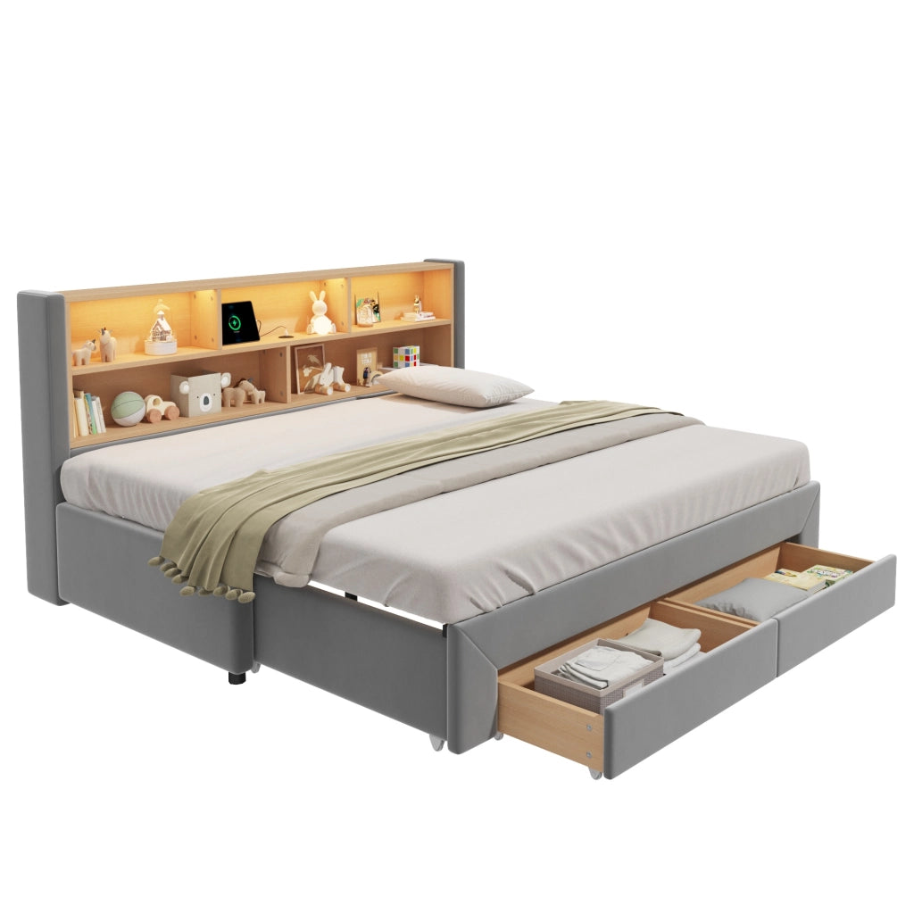Letto daybed estraibile con cassetti, prese USB e Tipo-C, illuminazione LED, velluto grigio 90x200 cm