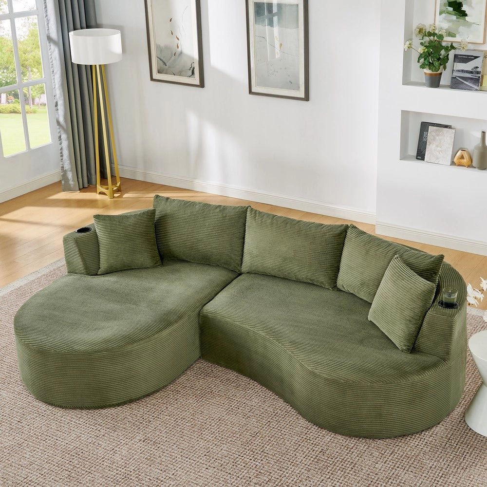 Divano 3 Posti con Chaise Longue ¨C Xylo ¨C Tessuto a Coste, Verde, con Cuscini e Portabicchieri
