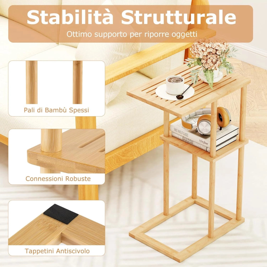 Set di 2 Tavolini Laterali, Tavolino Rettangolare con Ripiani Portaoggetti e Struttura in Bambù, Tavolo Basso da Divano e Letto per Salotto e Camera da Letto