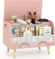 Cassapanca Portaoggetti per Bambini, con Libreria, Organizer per Giocattoli con 4 Gambe in Legno Massello e Coperchio Ribaltabile, per Sala Giochi e Asilo, 60x40x43 cm (Rosa)