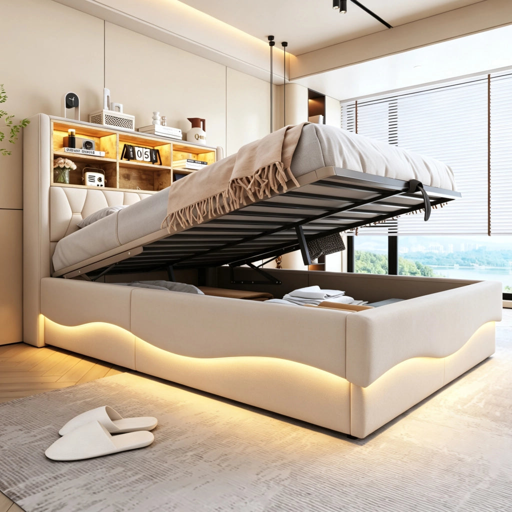 Letto matrimoniale contenitore 140x200 cm con LED tramite App; rete in metallo; USB e vano contenitore; lino beige