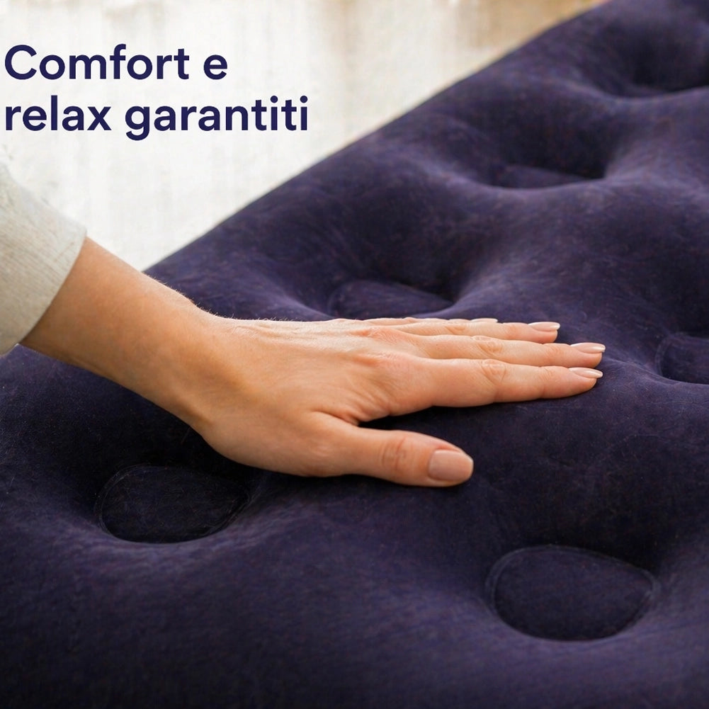Materasso Matrimoniale Gonfiabile 191x137x22 cm Floccato Ergonomico da Campeggio in PVC Blu