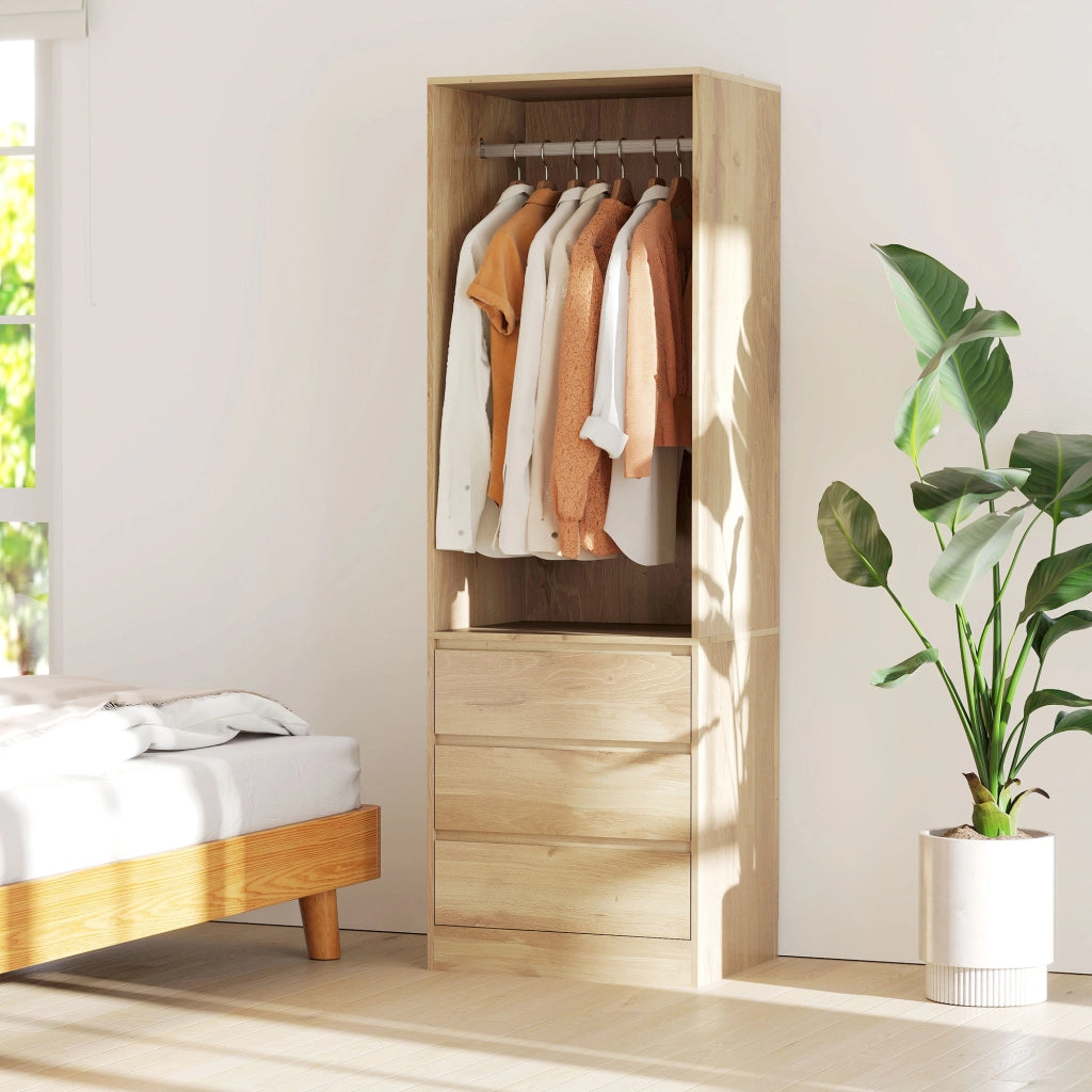 Armadio Guardaroba Aperto con Asta Appendiabiti e 3 Cassetti 60x48,5x185 cm color Teak