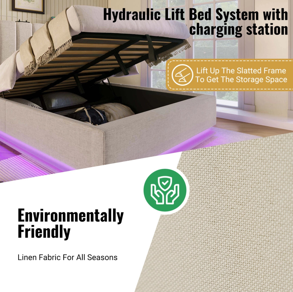 Letto contenitore 160 × 200 cm con LED; 3 USB e Type-C; lino beige