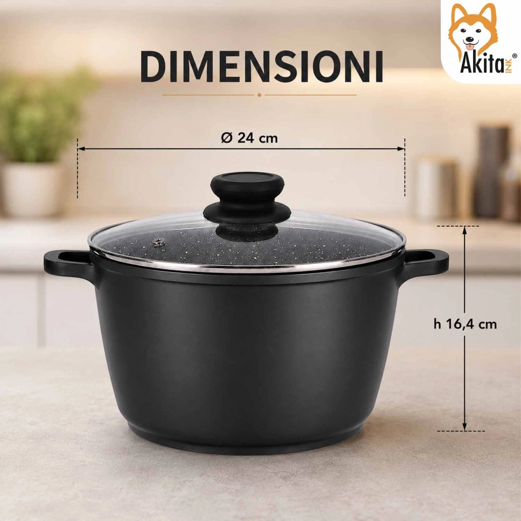 Akitaink Pentola Alluminio Pressofuso Coperchio Vetro 24 cm