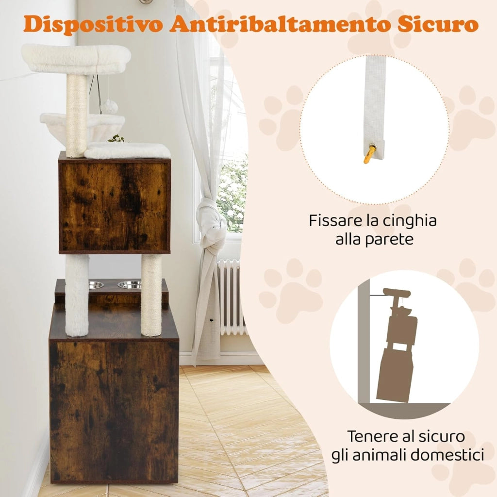 Mobiletto per Lettiera per Gatti, Tiragraffi per Gatti con Posto Graffio in Sisal e Tappetino, Pallina Pendenti, Toilette Nascosta e 2 Ciotole per Cibo, Mobili Moderni per Gattini (Marrone)