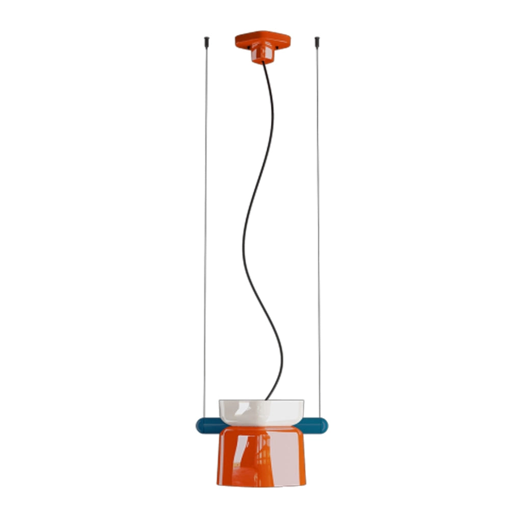 Sospensione Decò Yakitori Ceramica Bianco Arancio Volpe Metallo Blu 1 Luce E27