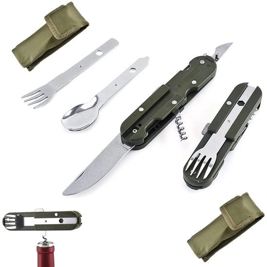 Set da campeggio 5-in-1 - Opvouwbaar - Acciaio inossidabile - Multifunzionale - Inclusa borsa Oxford - 14 x 3,5 x 2 cm - Set da cucina da campeggio
