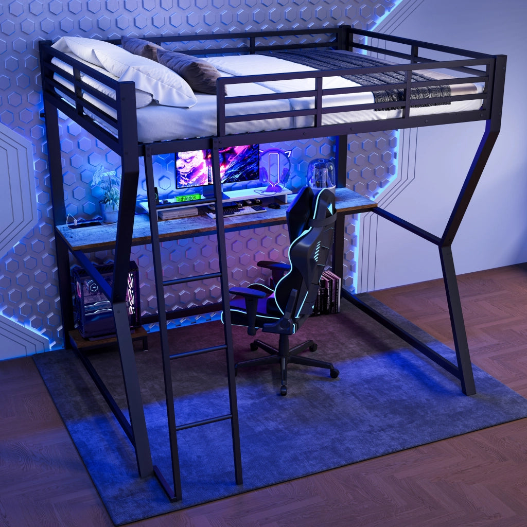 Letto a castello nero in metallo con funzione scrivania e illuminazione LED 140x200 cm