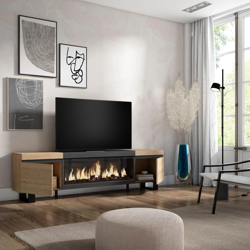 Mobile TV Soggiorno, 208x35x57cm, Per TV fino a 80", Camino elettrico XXL, Design industriale, colore Rovere e nero RF3268