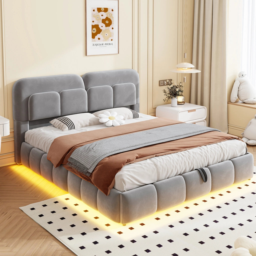 Letto matrimoniale imbottito 140 x 200 cm con contenitore idraulico; LED e velluto grigio