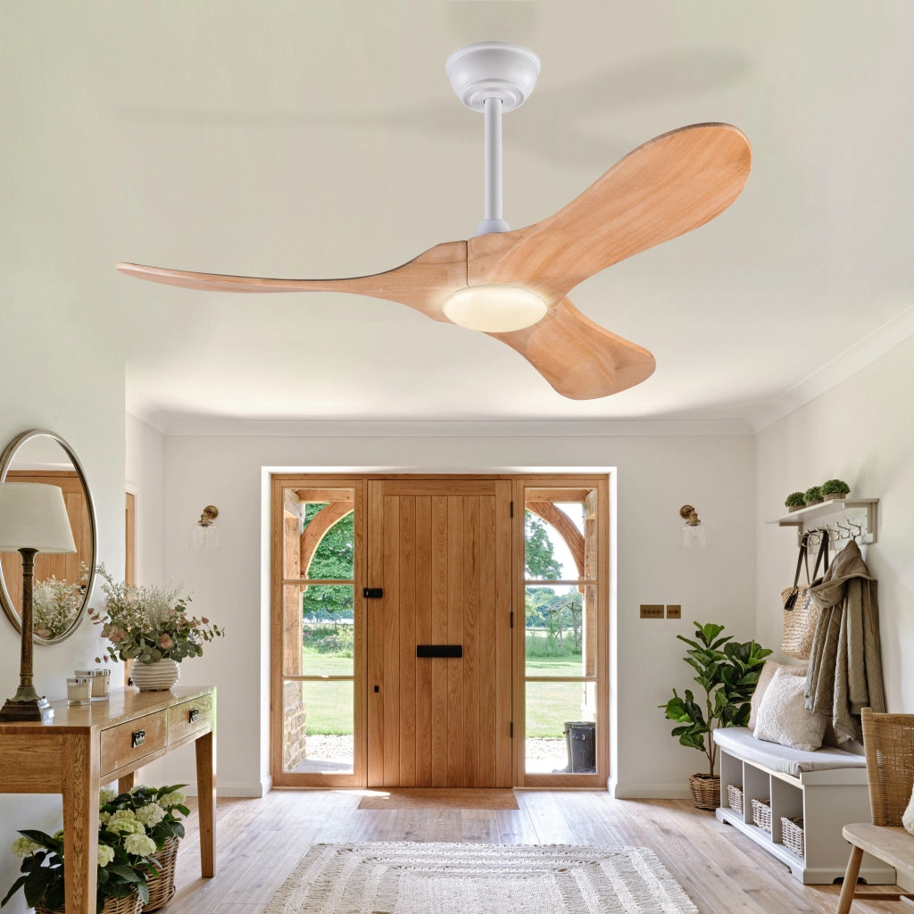 Ventilatore da soffitto 42 pollici con illuminazione e telecomando, 3 pale legno massello naturale, 3CCT dimmerabile, reversibile, 6 vel, timer