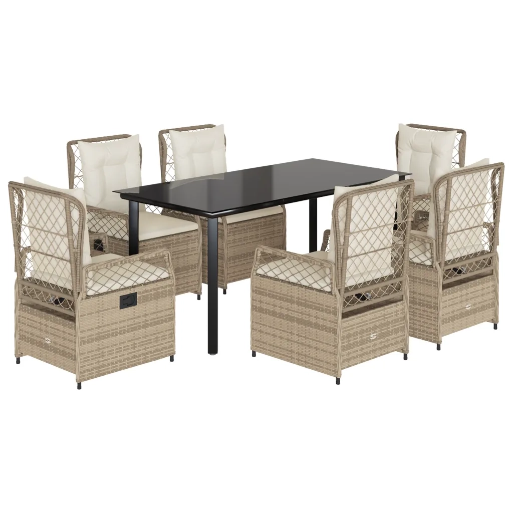 Set da Pranzo da Giardino 7 pz con Cuscini Beige in Polyrattan