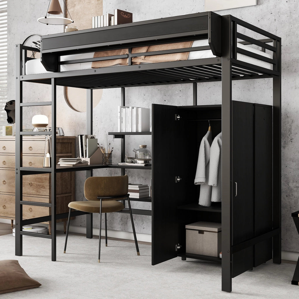 LETTO a castello 90x200 cm Nero in metallo e legno con tavolo e armadio