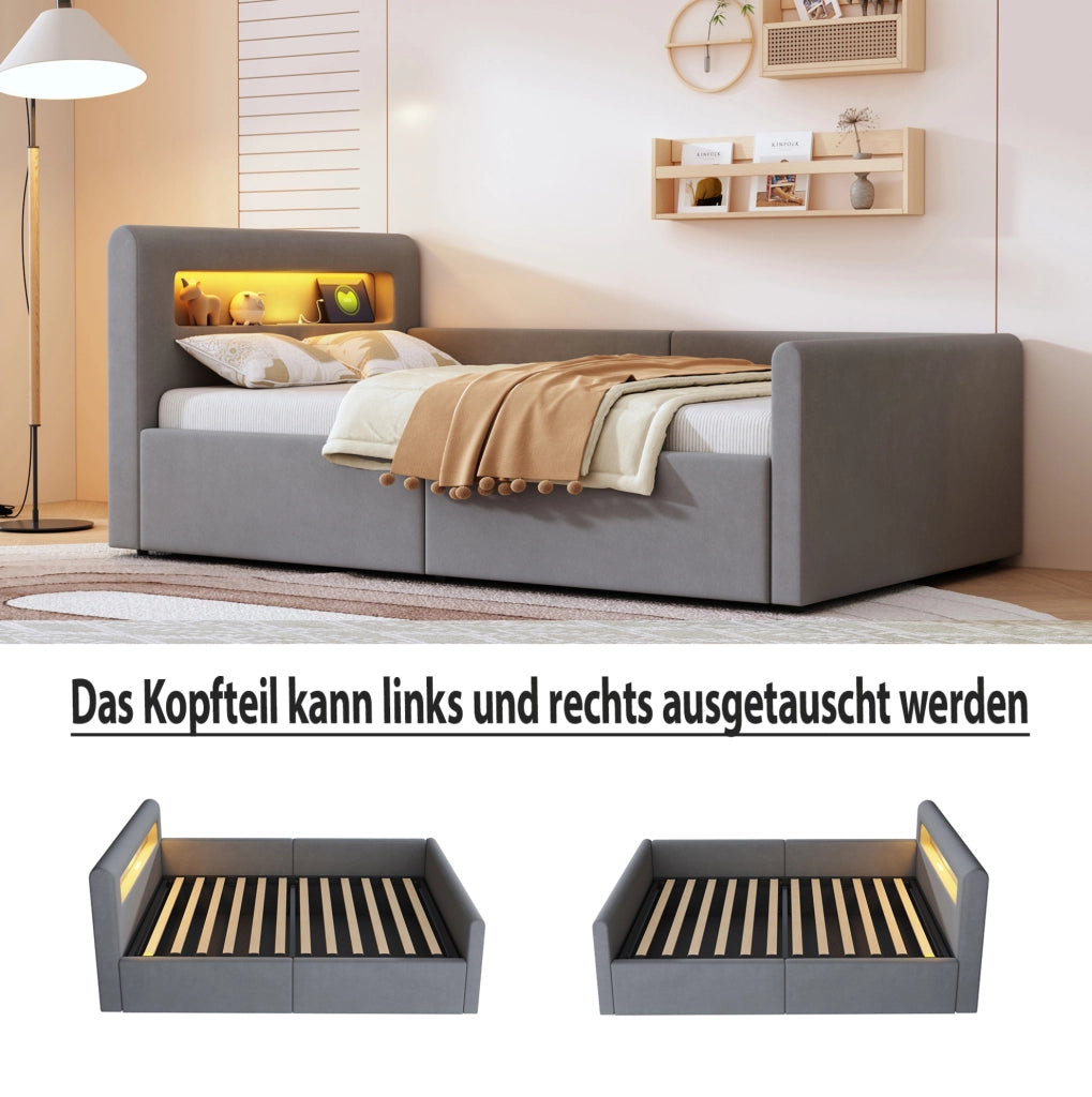 Letto imbottito per bambini 90x200 cm in velluto grigio chiaro con LED; USB e contenitore idraulico