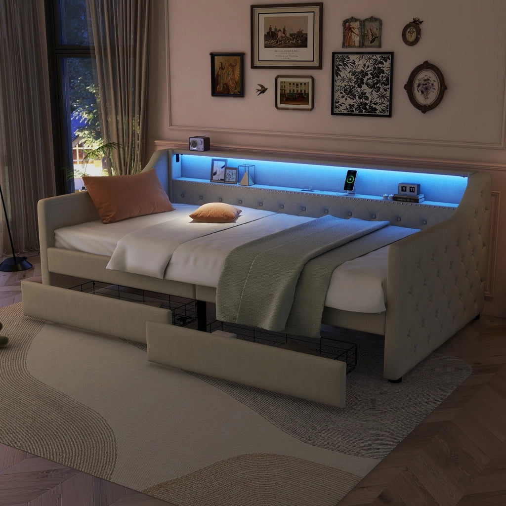 DESMIU Letto Divano 90 × 200 cm 1 piazza con 2 cassetti, LED regolabile, USB e senza materasso, in lino, beige