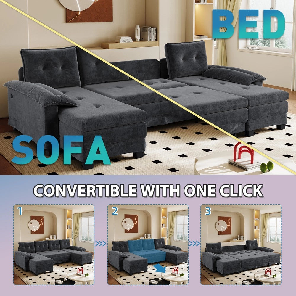 Divano Angolare a U con Letto Estraibile e USB ¨C Xylo ¨C Grigio, Modulare, 278 cm