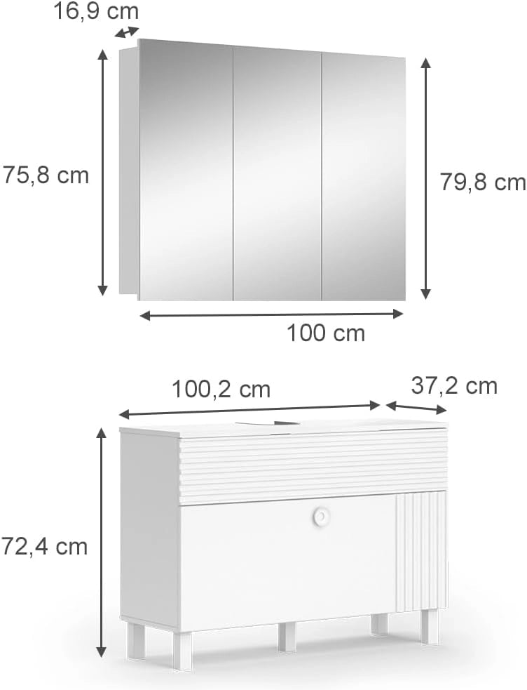 Set di mobili da bagno Sola, Bianco, 100 cm, composto da specchio da bagno e mobile sottolavabo