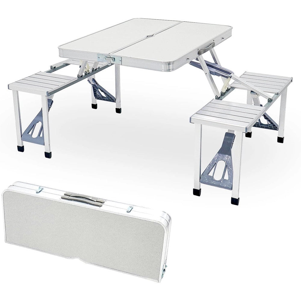 Trade Shop - Set Tavolo Pieghevole In Alluminio Pic Nic Campeggio Portatile Valigia Con Panca A 4 Posti - Argento