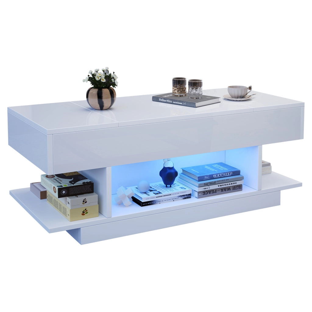 TAVOLO da caffè alzabile 98x45x40 cm bianco lucido con LED